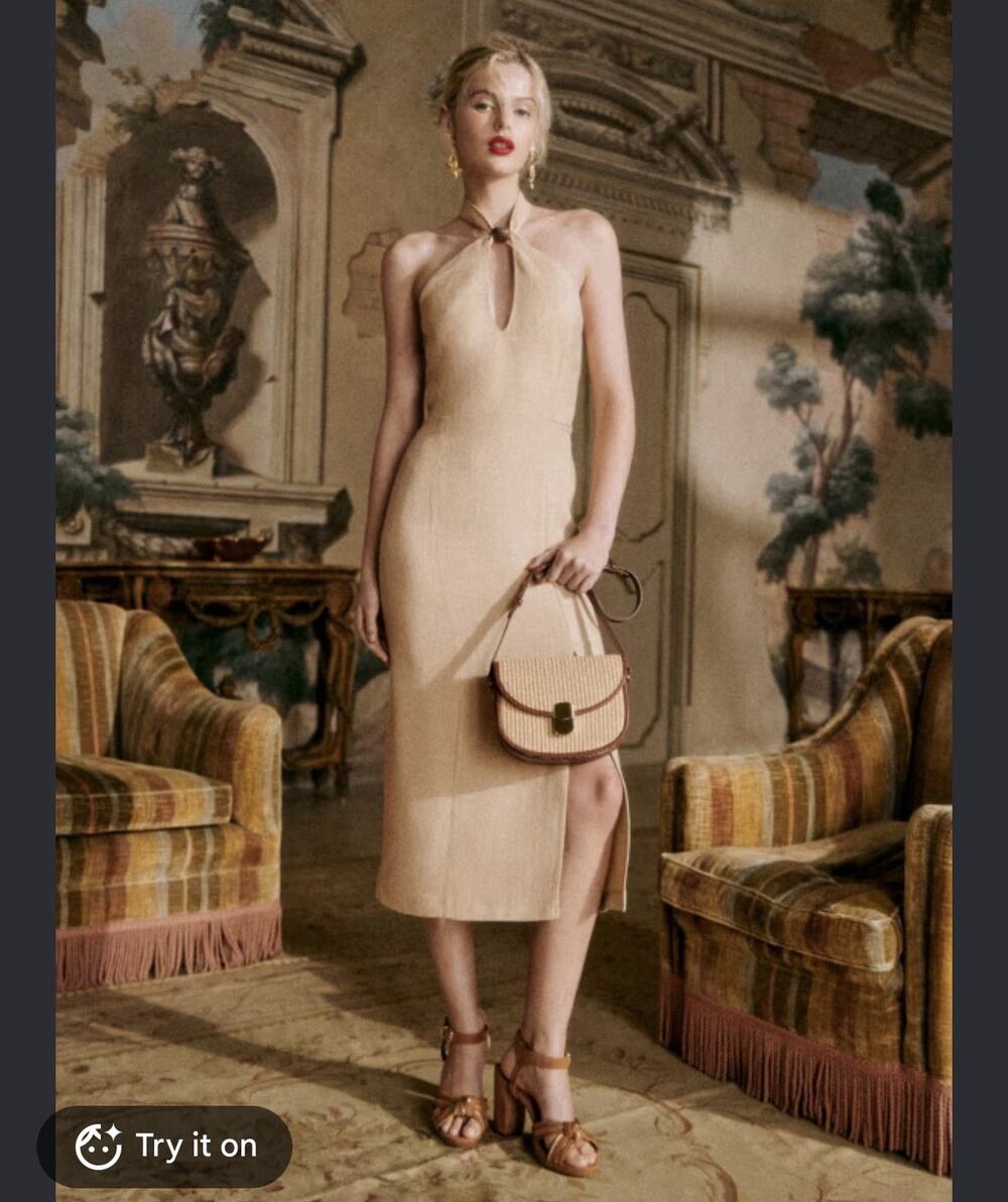 Sezane Linen MARIAMA DRESS Tan Sleeveless Midi 38 Us 6